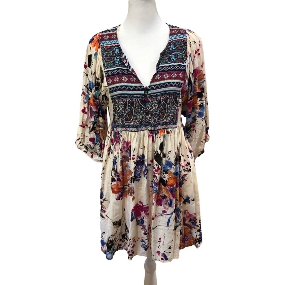 Umgee Size S babydoll peasant boho floral paisley print mini dress/tunic